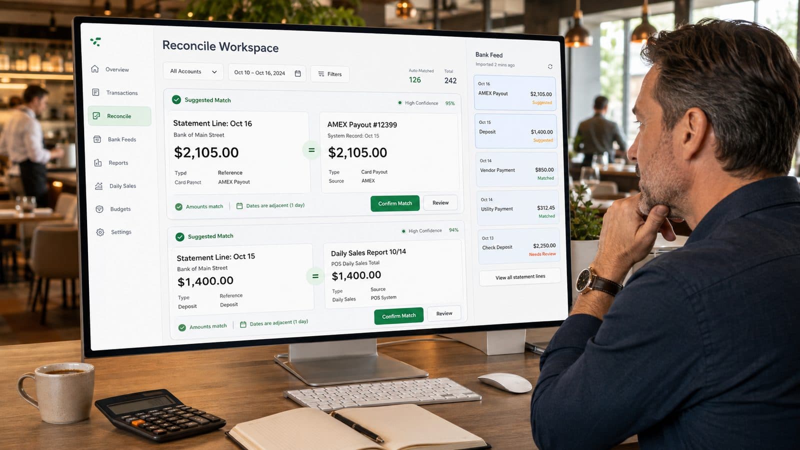 An operator reviewing the Vertex POS reconcile workspace on a desktop monitor in a restaurant. The screen pairs each imported bank statement line with the suggested POS record beside it, with confirm and review actions, next to a bank feed panel where each imported line is flagged as suggested, matched or needing review.