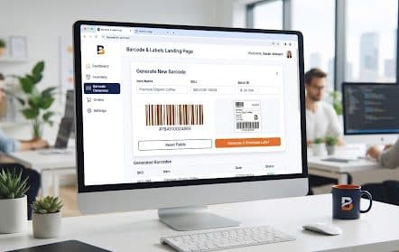 A desktop monitor in a bright open-plan office showing a barcode generator screen, where an item name, SKU and batch ID are filled in, a barcode preview is rendered, and a label is ready to download.