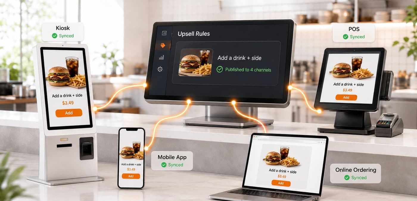 The same add-a-drink-and-side upsell prompt shown at once on a self-order kiosk, a countertop POS terminal, a phone and a laptop, each marked as synced from a central Upsell Rules screen.