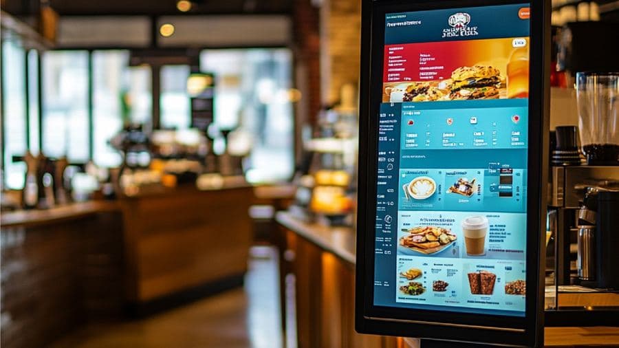 Digital menu screen glowing beside the counter of a warmly lit coffee shop
