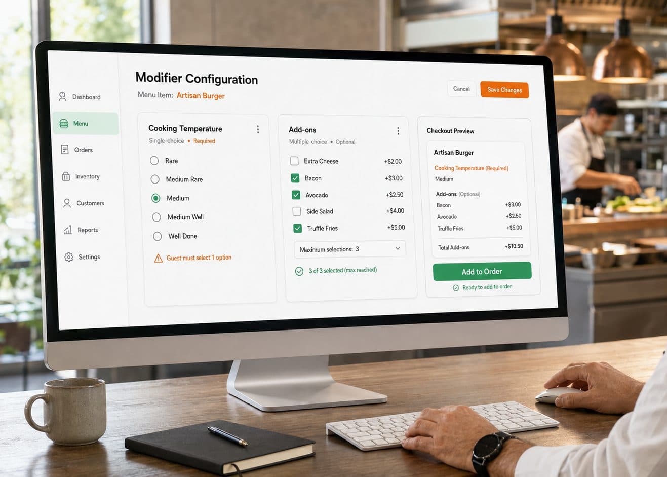 A Vertex modifier configuration screen for an Artisan Burger: a required single-choice Cooking Temperature group with Medium selected, an optional Add-ons group with Bacon, Avocado and Truffle Fries checked against a maximum of three selections, and a checkout preview totalling $10.50 in add-ons.