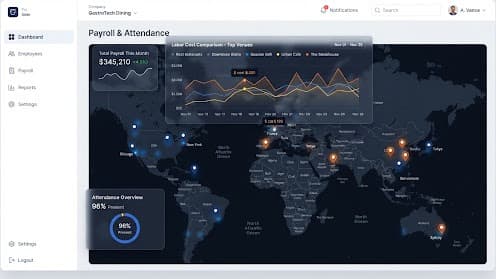 Vertex payroll and attendance dashboard plotting outlets on a world map, with a total payroll summary, a labor cost comparison chart across venues, and an attendance overview dial