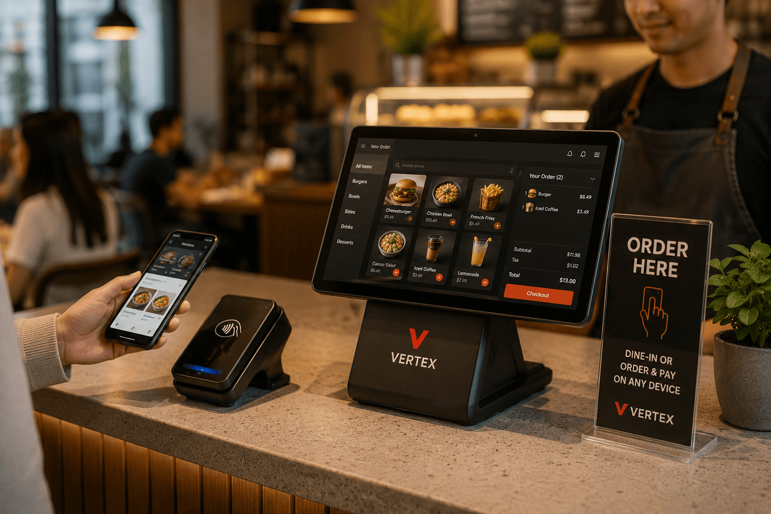 Vertex POS terminal in restaurant