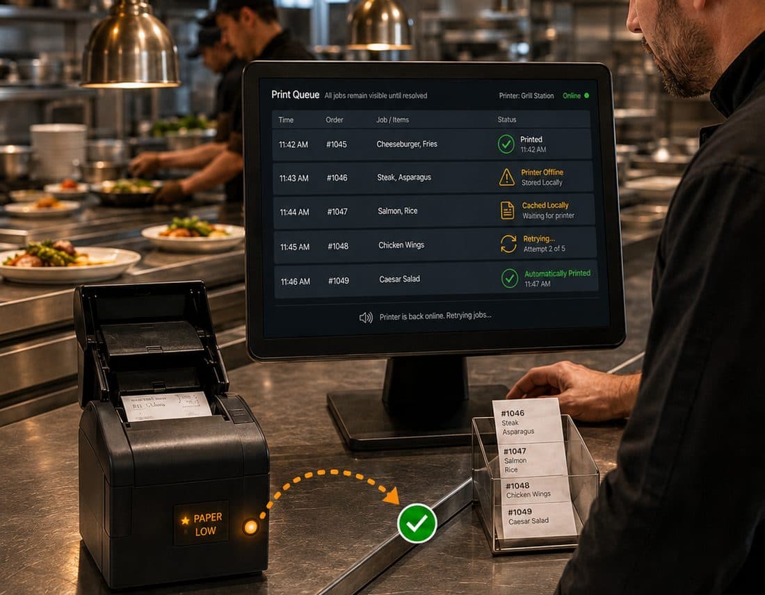 Kitchen staff watching the Vertex print queue on a POS terminal while a receipt printer flags a paper-low warning and cached jobs resync automatically