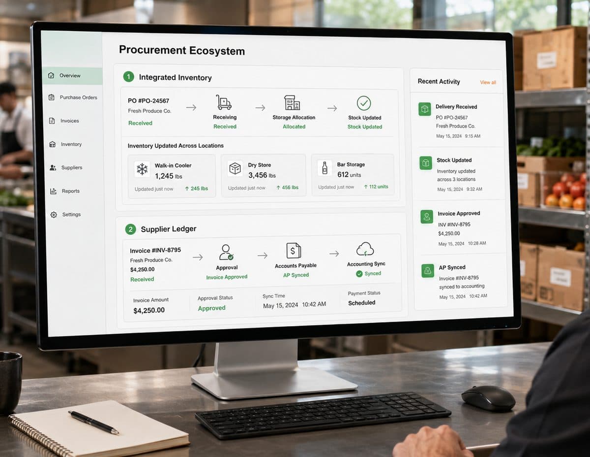 A desktop monitor in a restaurant stockroom showing the Vertex procurement ecosystem dashboard: an integrated inventory flow from purchase order to receiving, storage allocation and stock update, a supplier ledger flow from invoice to approval and accounting sync, and a recent activity feed