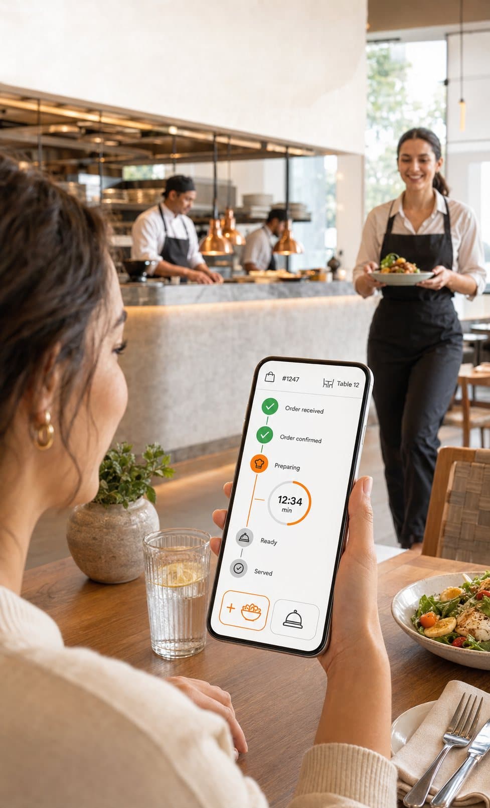 Guest watching live order status on a phone while a server brings food to the table