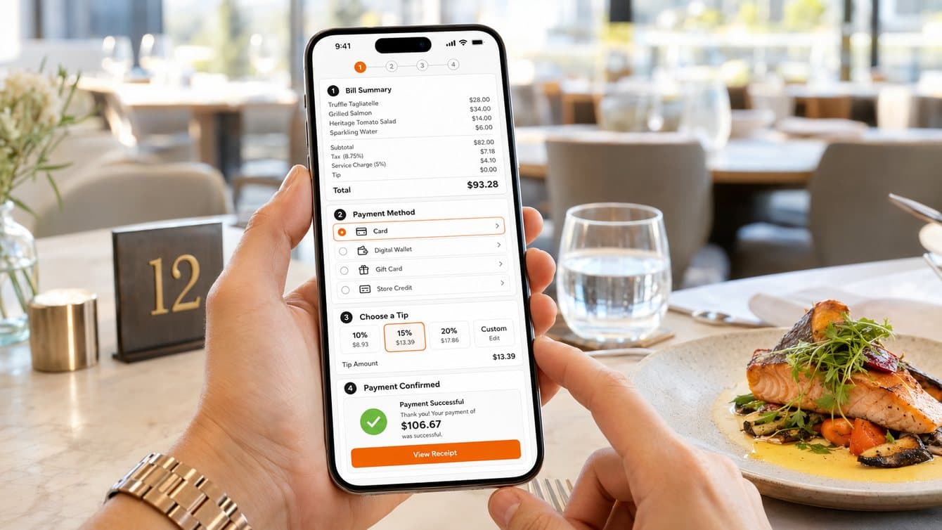 Person completing a contactless mobile payment at a restaurant table