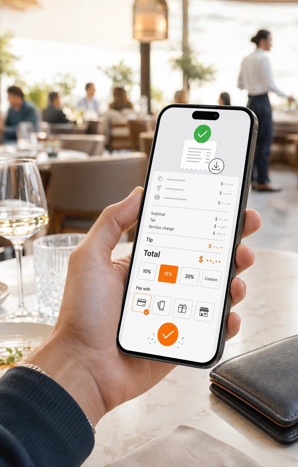 Guest reviewing the bill and choosing a tip on a phone at the table