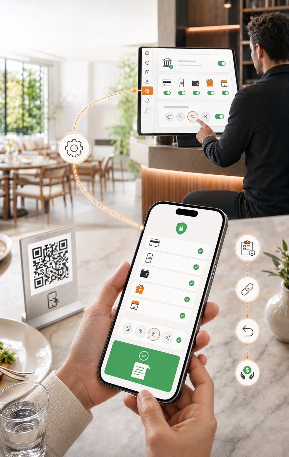 Operator configuring payment methods on a tablet while a guest pays by phone