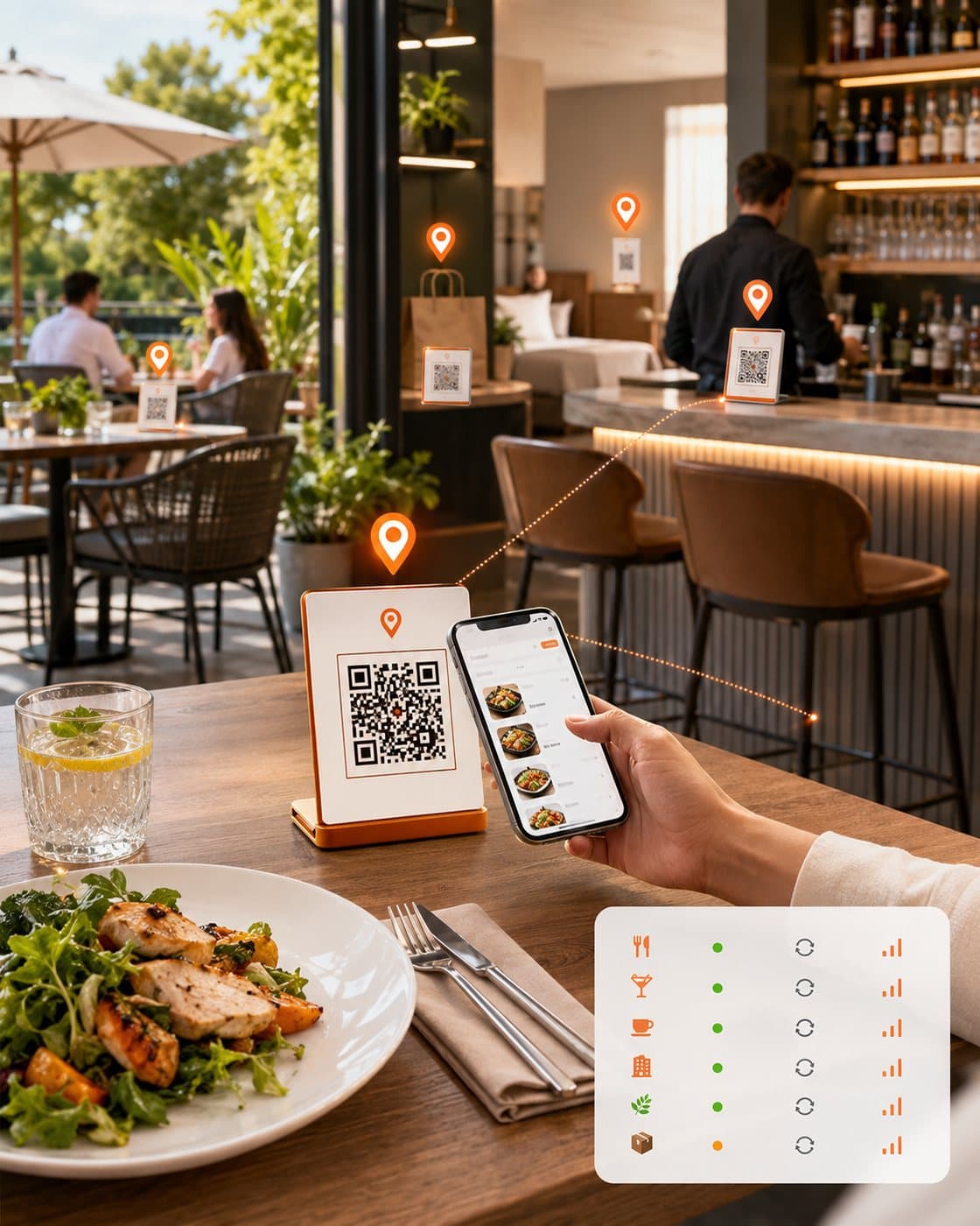 QR code stands mapped to tables, the bar and outdoor seating across a restaurant