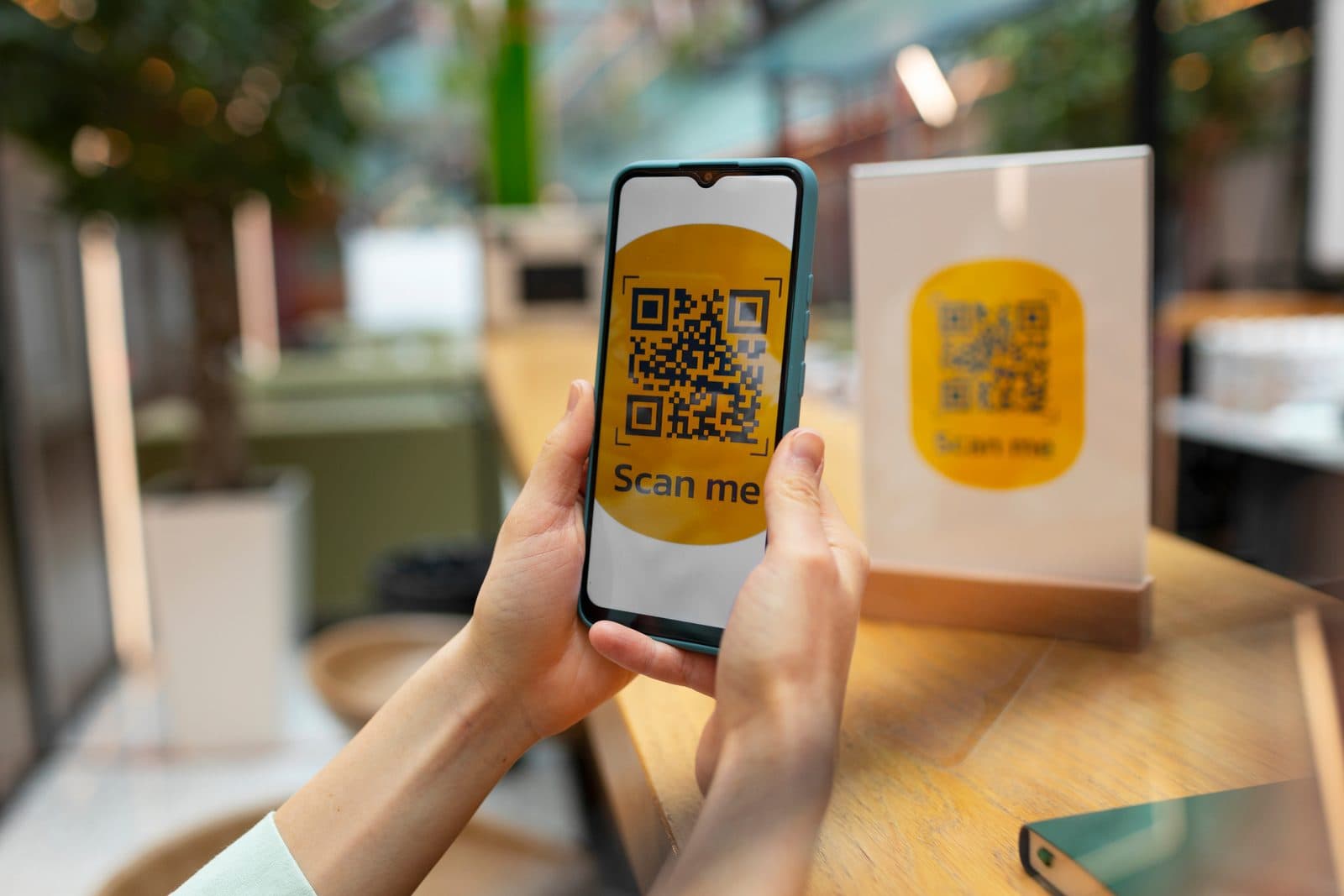 Guest using a smartphone camera to scan a QR code at a restaurant table