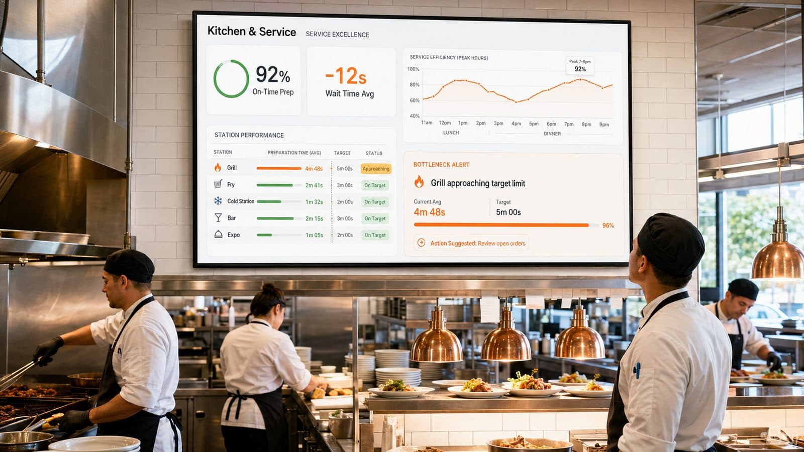 Cooks plating dishes along an open kitchen pass, below a wall-mounted screen running the Vertex POS kitchen and service dashboard, which shows an on-time prep gauge, an average wait time tile, a service efficiency curve across lunch and dinner, a station performance table and a bottleneck alert for the grill station.
