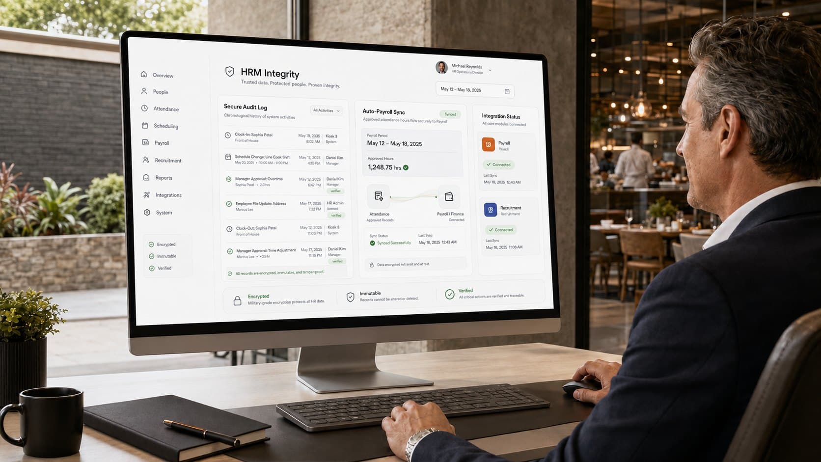 Shift management integrity dashboard showing a secure audit log of clock-ins and schedule changes alongside an auto-payroll sync panel