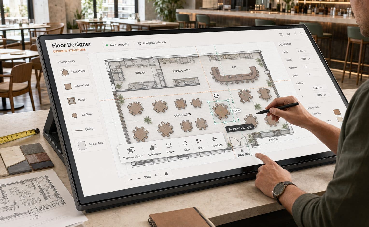 A restaurant operator leans over a tablet propped on a counter, using a stylus to position a table on a floor plan. A palette of table, booth, bar seat, divider and service area components runs down the left of the screen, an alignment toolbar sits across the bottom, and a properties panel lists the selected table's size, rotation, seat count and position on the right. Material samples, a tape measure and a printed floor plan lie on the counter beside it.