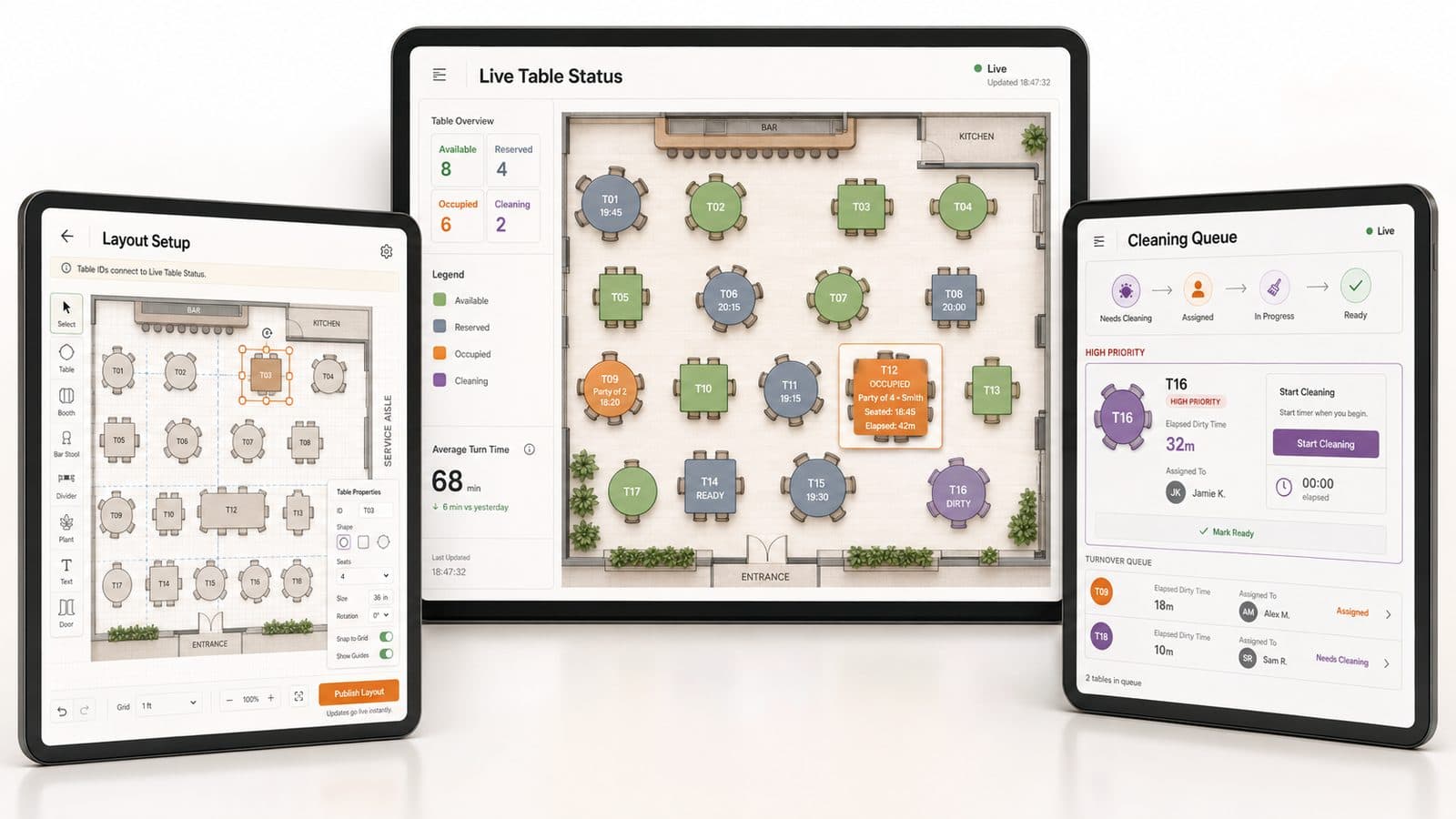 A row of tablets showing the table layout tools side by side: a floor plan editor with one table selected and its properties open, a floor plan where each table is shaded and labelled with its service state, and a cleaning queue listing the tables waiting to be turned over.