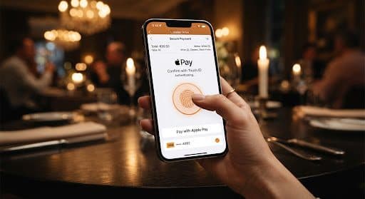 A guest at a candlelit restaurant table holding an iPhone that shows a secure payment sheet with an Apple Pay confirmation prompt and a fingerprint reader