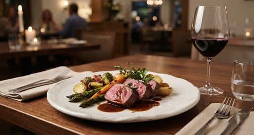 A sliced beef entrée with roast vegetables and jus on a wide ceramic plate, set on a walnut table beside a glass of red wine in a warmly lit dining room.