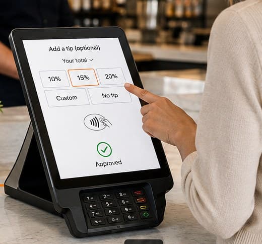 A guest tapping the fifteen percent tip option on a Vertex card terminal at a restaurant counter