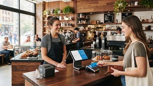 A barista at a café counter takes a customer's contactless card payment on a countertop terminal next to the till