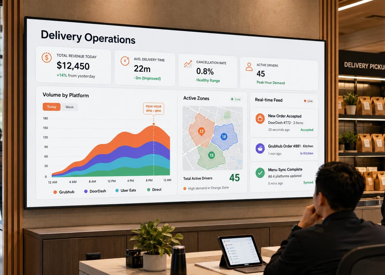 A wall-mounted delivery operations dashboard on display behind a store's order-pickup counter.