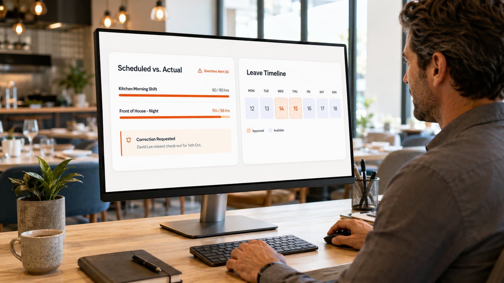Vertex POS attendance and leave management view on a desktop monitor. A Scheduled vs. Actual panel tracks logged hours against each shift with an overtime alert and a flagged missed check-out correction request, beside a Leave Timeline calendar marking approved and available days across the week.