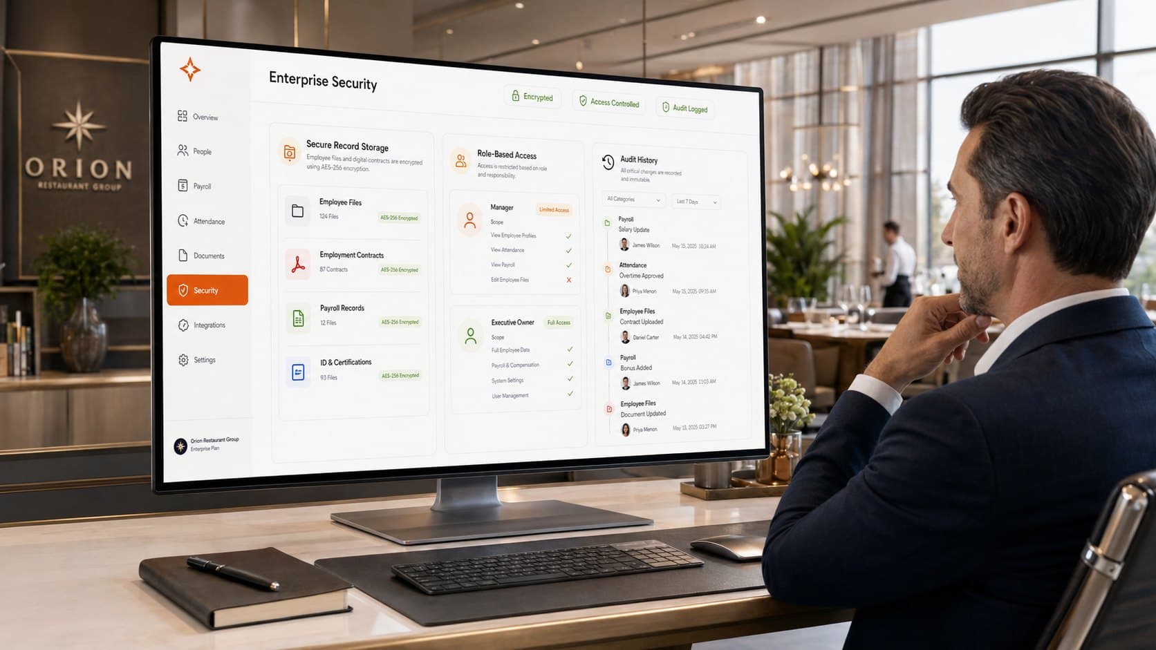 Enterprise security dashboard on a desktop monitor showing encrypted employee records, role-based permissions and an audit history log