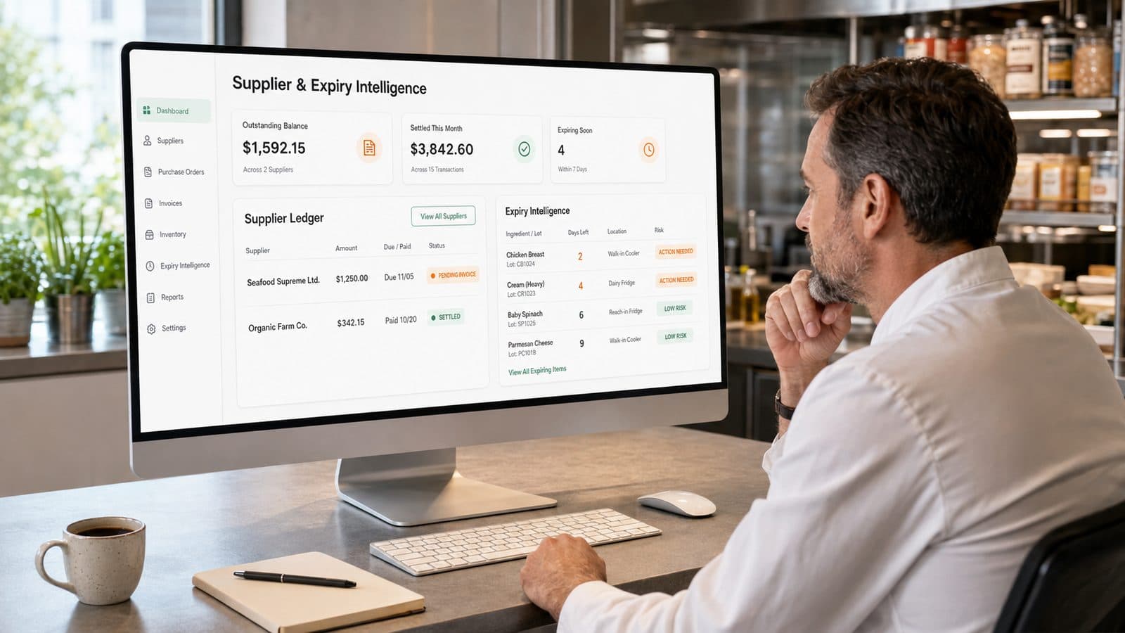 A manager reviews a Supplier and Expiry Intelligence dashboard on a desktop monitor, showing outstanding and settled supplier balances alongside a list of ingredient lots ordered by the number of days left before they expire.
