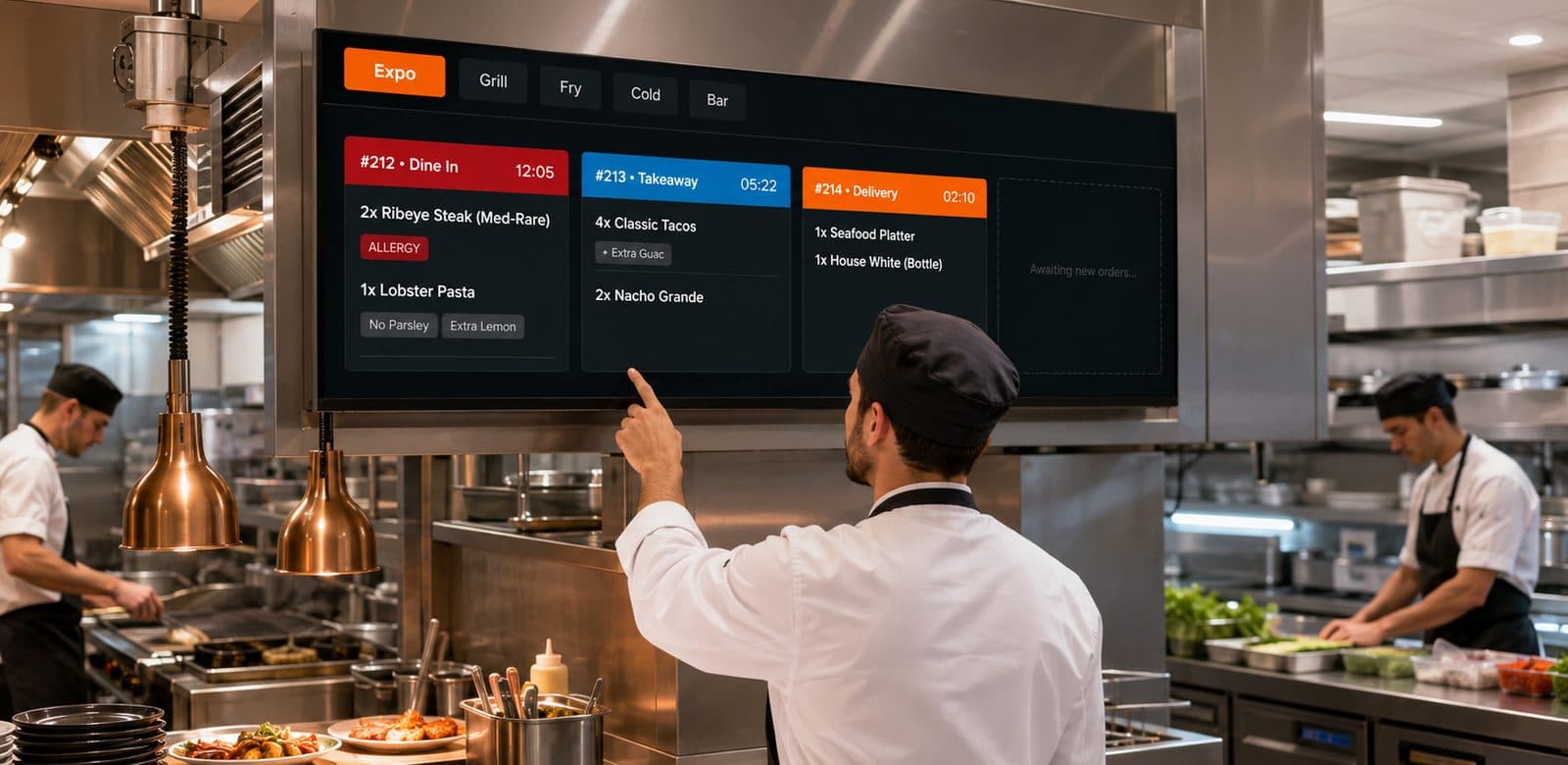 Expo chef at the pass tapping a ceiling-mounted kitchen display. The board shows station tabs for Expo, Grill, Fry, Cold and Bar, with live tickets #212 Dine In flagged for an allergy, #213 Takeaway and #214 Delivery, each counting up its own timer.