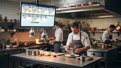 Chefs plating dishes on a restaurant line beneath an overhead kitchen display screen listing active tickets