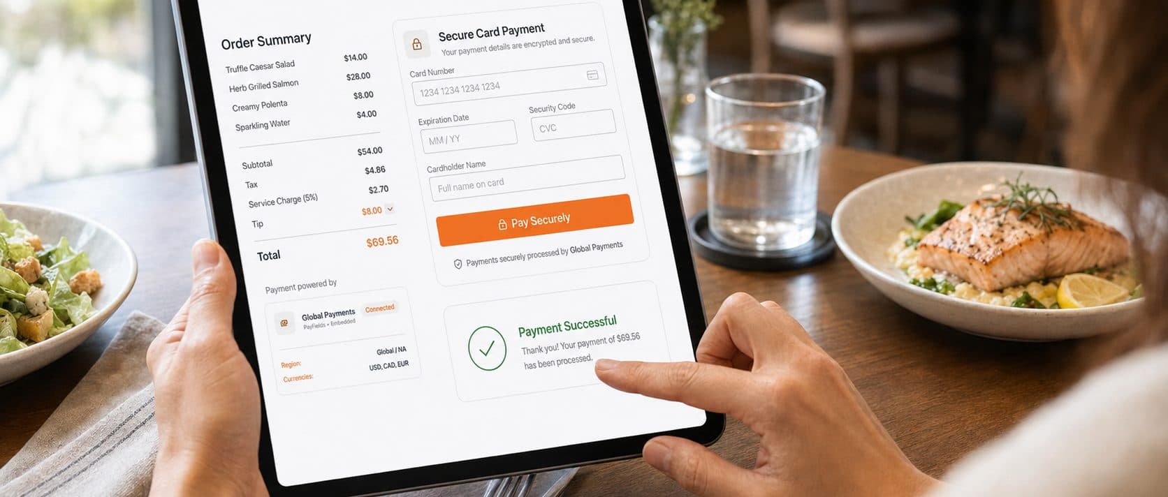 Guest settling the bill on a tablet at a restaurant table. An order summary lists Truffle Caesar Salad $14.00, Herb Grilled Salmon $28.00, Creamy Polenta $8.00 and Sparkling Water $4.00 for a $54.00 subtotal, $4.86 tax, a 5% service charge of $2.70 and an $8.00 tip, totalling $69.56. Alongside it a Secure Card Payment form collects card number, expiration date, security code and cardholder name above a Pay Securely button, a panel shows the checkout is powered by a connected Global Payments PayFields embedded gateway for the Global / NA region in USD, CAD and EUR, and a Payment Successful message confirms the $69.56 payment.