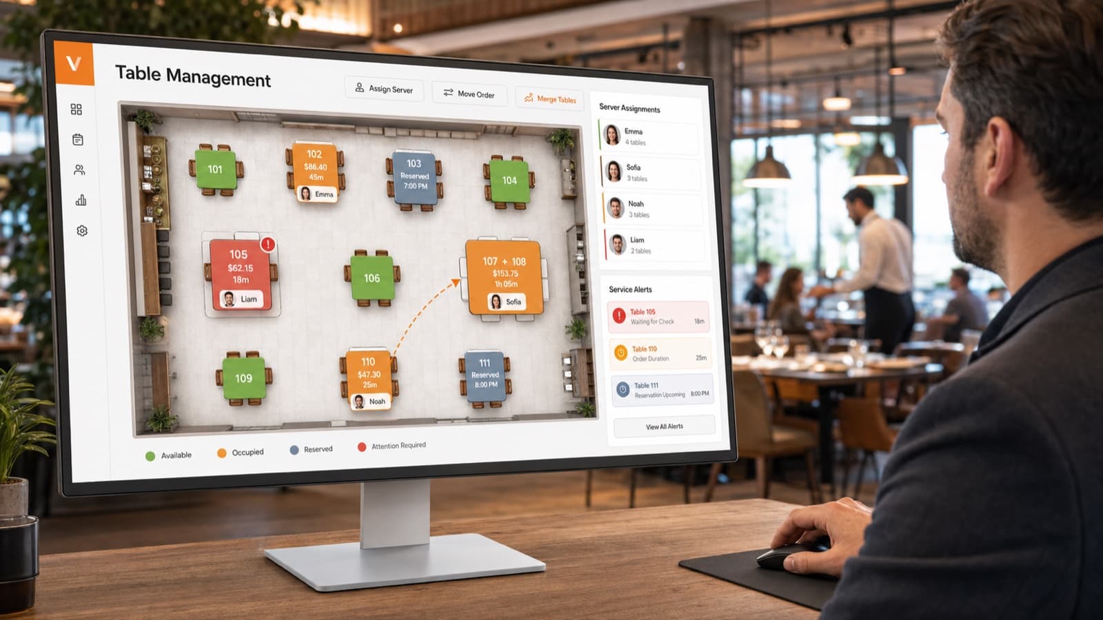 Vertex POS table management floor plan on a monitor