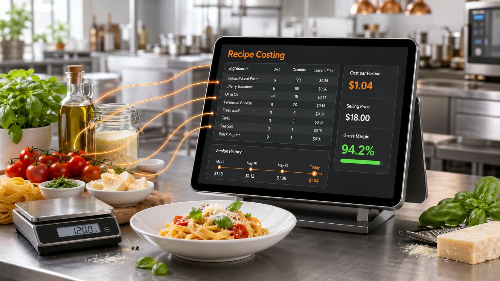 Vertex recipe costing open on a kitchen tablet: an ingredient list with unit, quantity and current price for each item, a cost per portion of $1.04 against an $18.00 selling price, a 94.2% gross margin and a version history tracking the cost down from $1.18