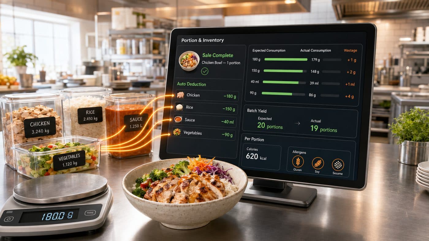 Portioned chicken, rice, sauce and vegetable containers on a kitchen scale beside a tablet showing Vertex deducting each ingredient from inventory after a sale