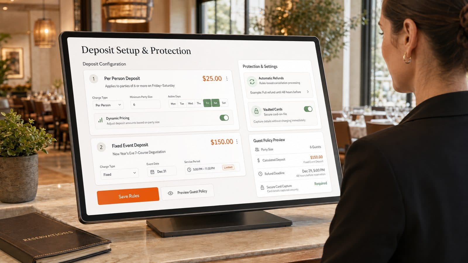 A restaurant manager reviews a deposit setup and protection screen on a desktop monitor, where per-person and fixed-event deposit rules sit alongside refund, card-on-file and guest policy settings.