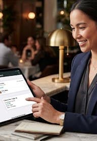 A host at a restaurant host stand greeting a guest while checking them in on a tablet.