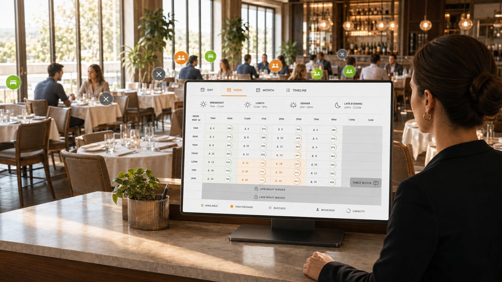 Vertex availability calendar on a restaurant workstation showing weekly booking counts, capacity percentages and blocked service periods