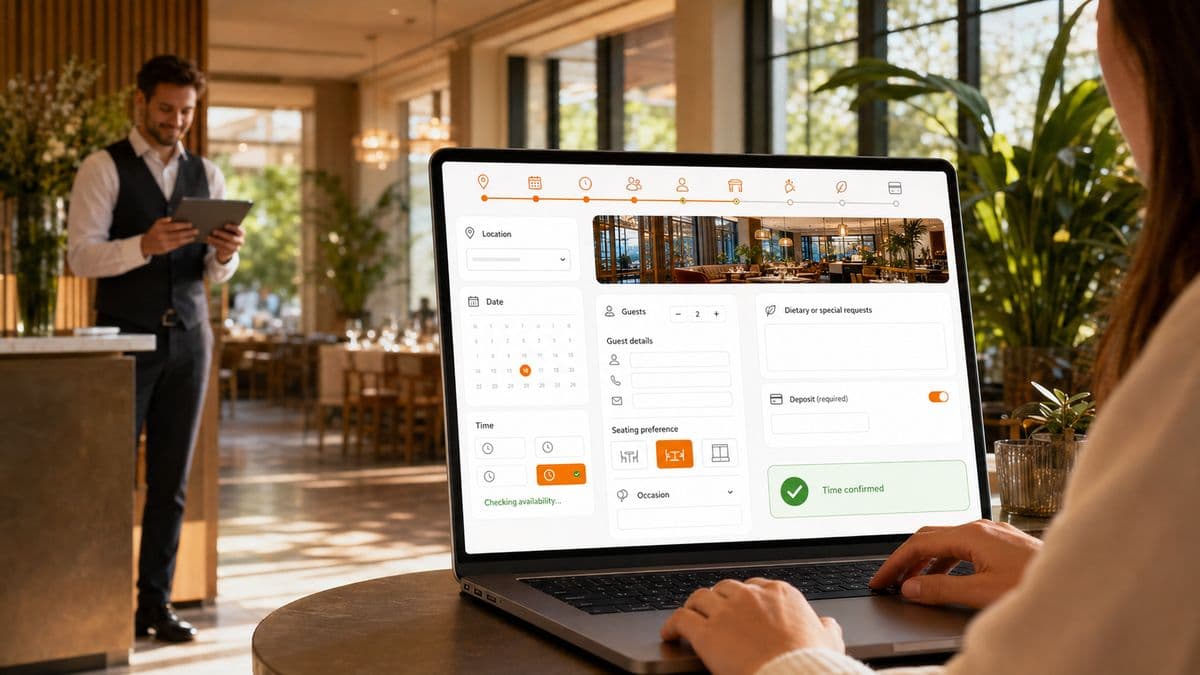 Guest completing a branded table booking on a laptop while a host checks the dining room
