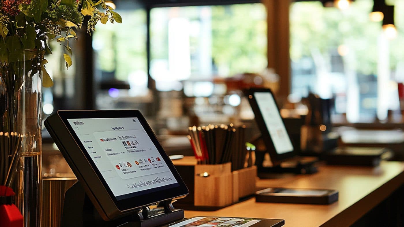Counter-top touchscreen terminals set up along a cafe service counter.