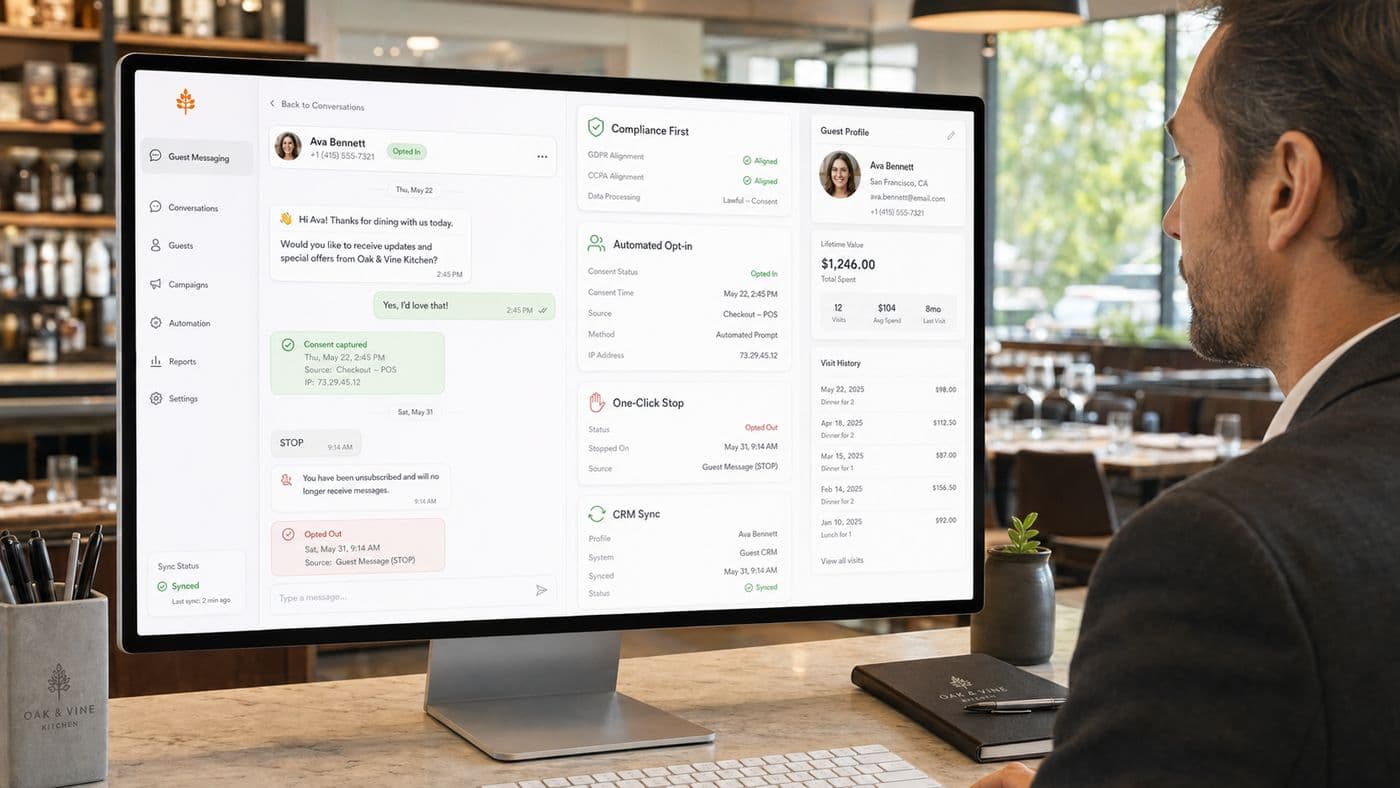 A restaurant manager reviewing the Vertex guest messaging dashboard on a desktop monitor: a chat thread with a captured consent record and a STOP opt-out, a consent status panel, and a linked guest profile alongside it.
