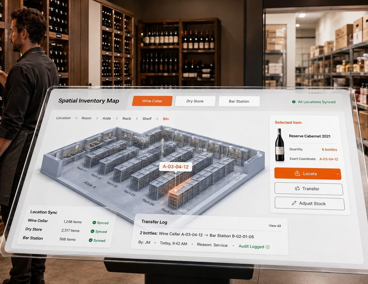 A cellar manager stands beside a large angled touchscreen in a wine cellar, racks of bottles and a dry store behind him. The screen shows a spatial inventory map: tabs for the wine cellar, dry store and bar station, a breadcrumb running from location down to bin, and a three-dimensional plan of the aisles and racks with one bin highlighted. A side panel shows the selected bottle with its quantity and coordinate, a location sync list runs along the bottom left, and a transfer log along the bottom right.