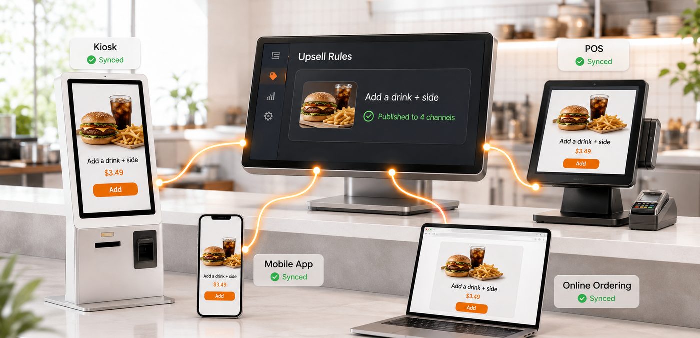 The same add-a-drink-and-side upsell prompt shown at once on a self-order kiosk, a countertop POS terminal, a phone and a laptop, each marked as synced from a central Upsell Rules screen.