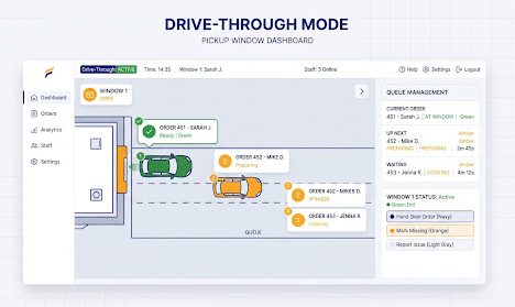 The drive-through mode pickup window dashboard, showing a lane map with vehicles moving past the service window alongside a queue management panel that lists the order at the window, the one up next and the one waiting behind it.