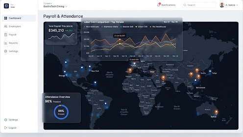 Vertex payroll and attendance dashboard plotting outlets on a world map, with a total payroll summary, a labor cost comparison chart across venues, and an attendance overview dial