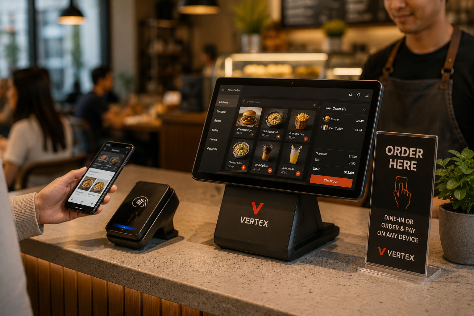 Vertex POS terminal in restaurant