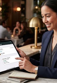 A host at a restaurant host stand greeting a guest while checking them in on a tablet.